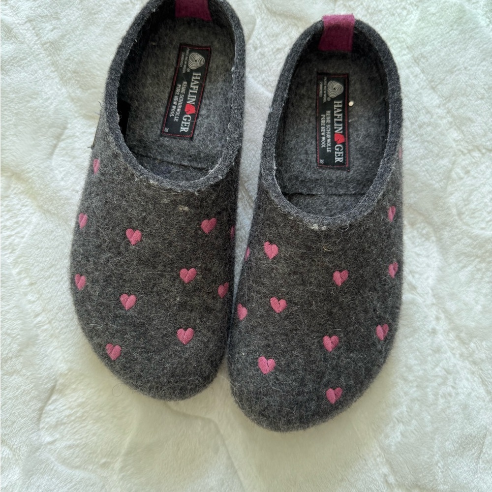 Haflinger Clogs with Pink Hearts on Gray